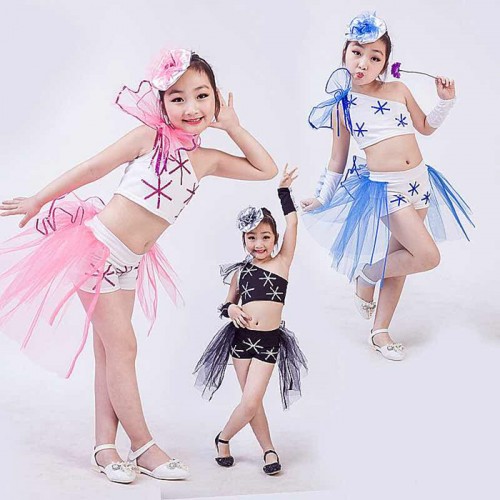 Black royal blue light pink sequins modern dance girls school competition jazz singers cosplay dance outfits costumes